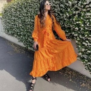 ZARA NWT SS22 NEON ORANGE BELTED EMBROIDERED EYELET DRESS L 7788/932